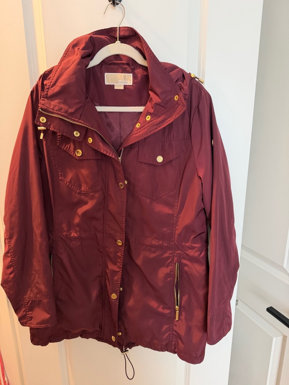 Michael Kors Women's Maroon Rain Jacket with Gold Hardware